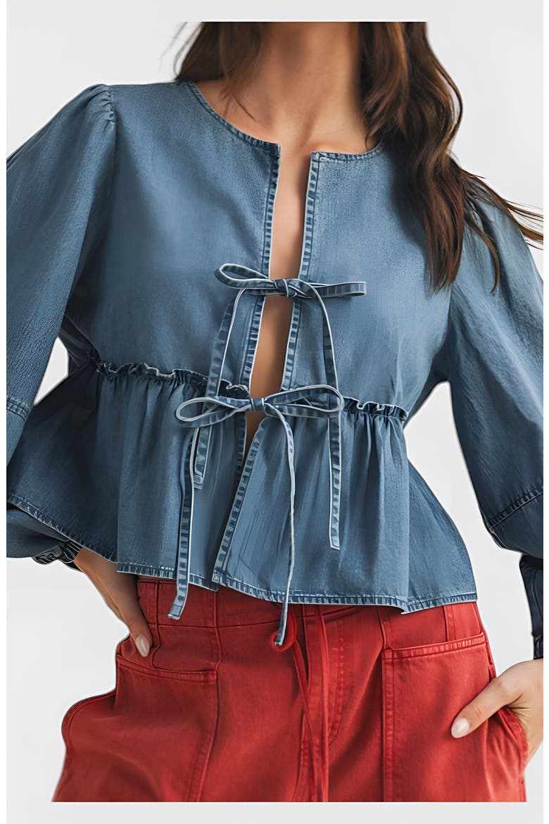 Long Puff-Sleeve Tie-Front Peplum Denim Blouse, Alternate, color, Denim Blue