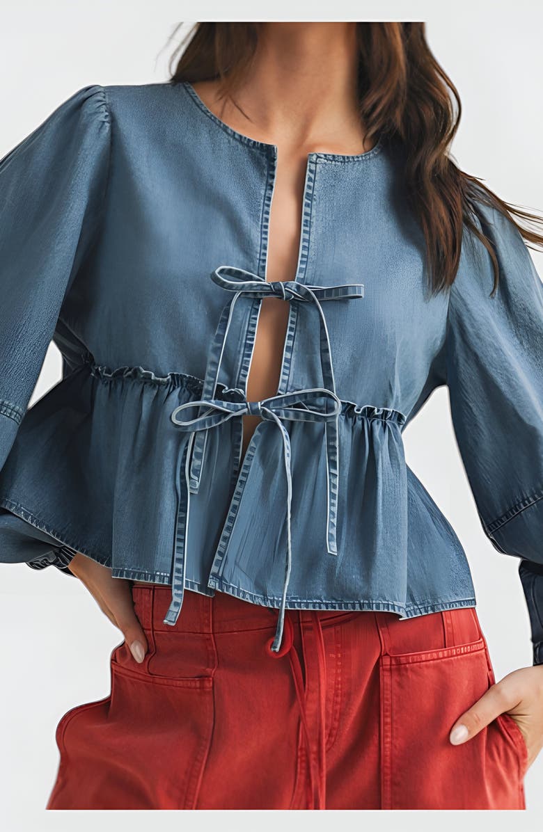 Modenaire Long Puff-Sleeve Tie-Front Peplum Denim Blouse, Alternate, color, Denim Blue