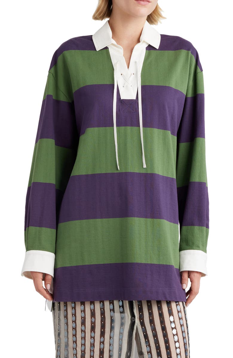Dries Van Noten Block Stripe Lace-Up Cotton & Linen Blend Rugby Shirt, Main, color, 
