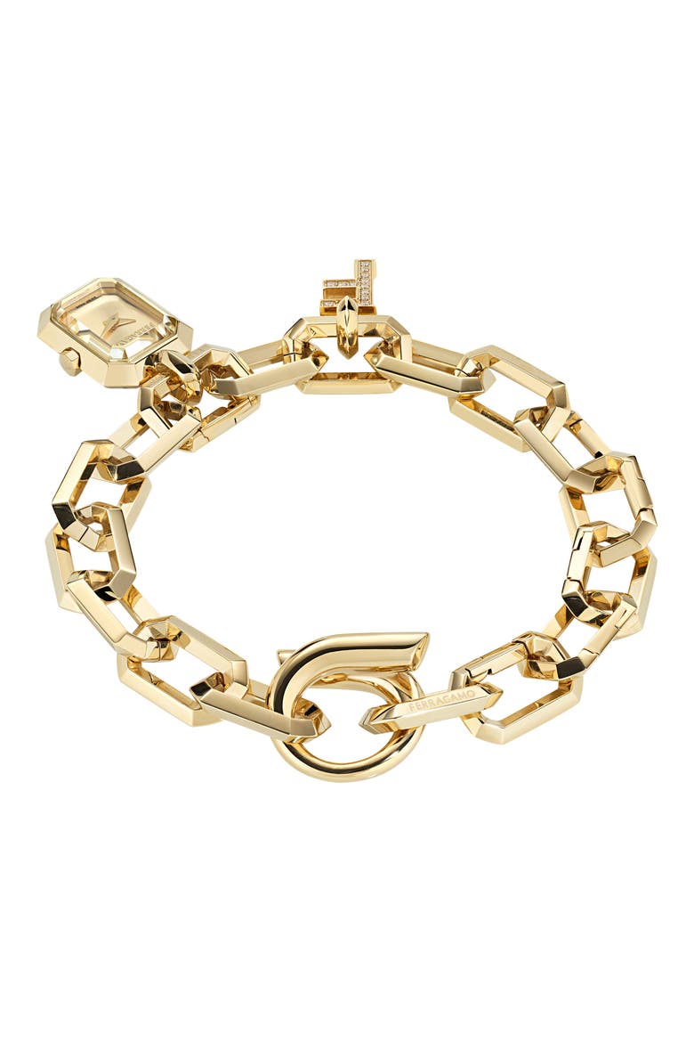 'F' Charm Bracelet Watch, 16mm x 21mm, Alternate, color, IP YELLOW GOLD