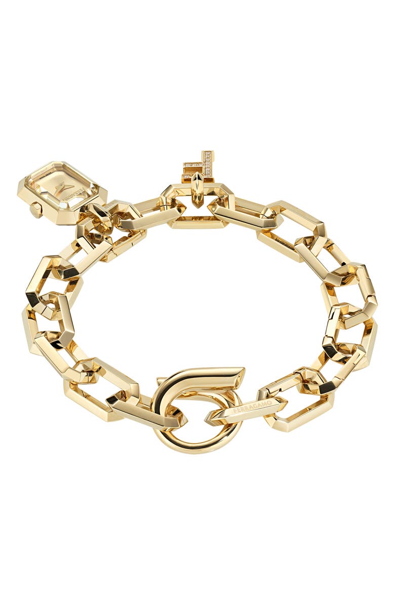 FERRAGAMO 'F' Charm Bracelet Watch, 16mm x 21mm, Alternate, color, Ip Yellow Gold