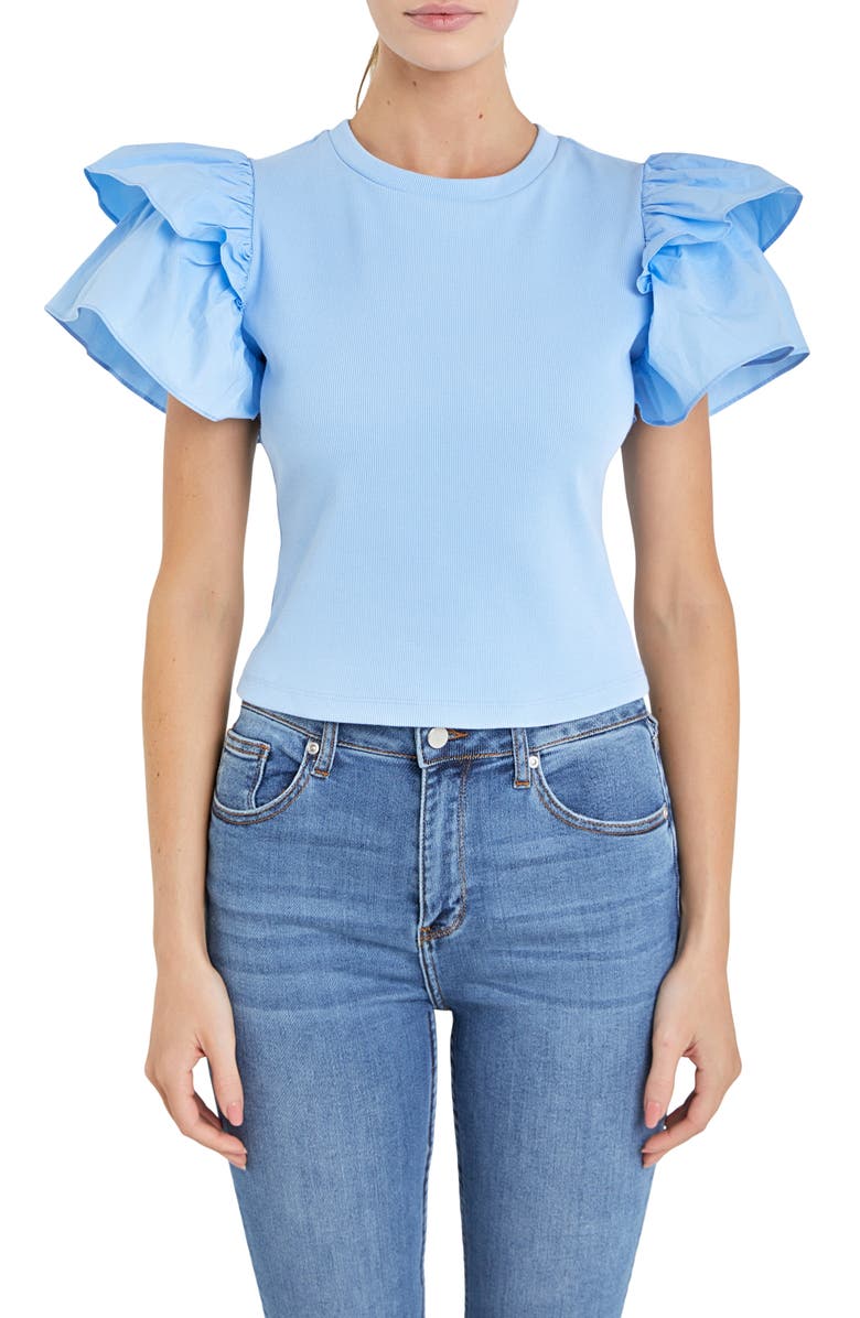 English Factory Mix Media Ruffle Sleeve Cotton Rib Top, Alternate, color, Powder Blue