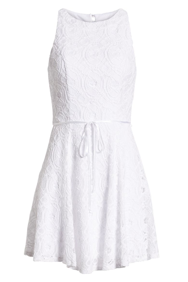 Lace Tie Waist Cotton Blend Skater Dress, Alternate, color, WHITE