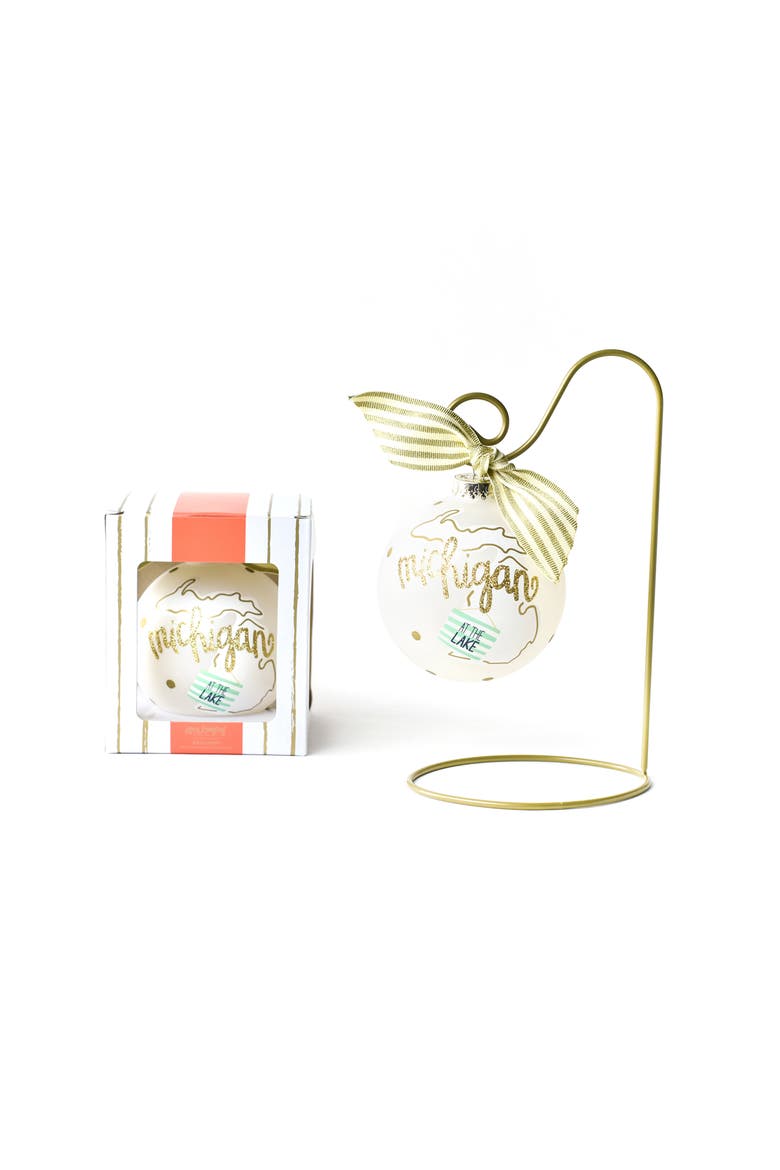 Michigan Motif Ornament with Gold Swirl Stand, Main, color, Blue