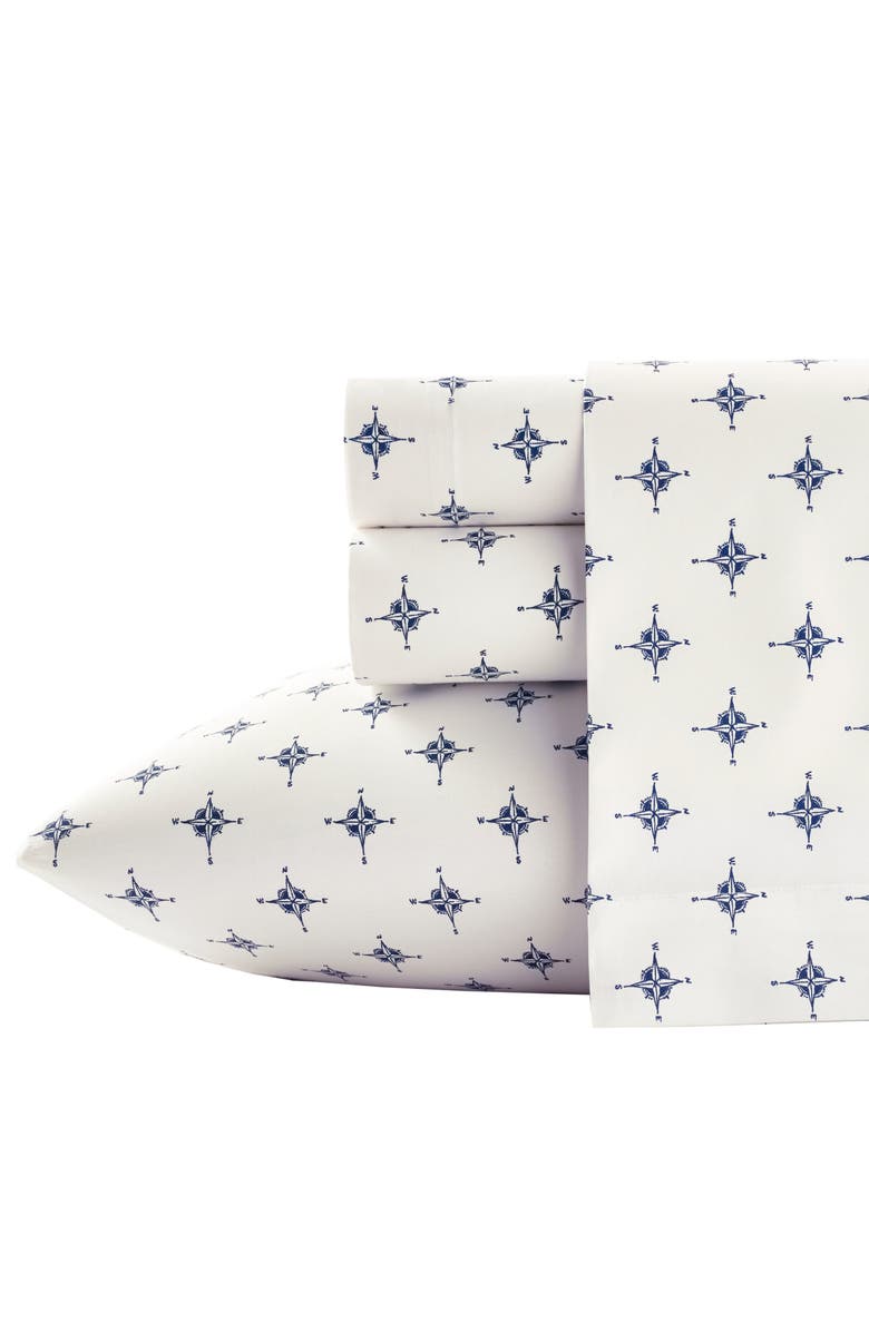POPPY AND FRITZ Compass Print 200 Thread Count Cotton Percale Sheet Set, Main, color, Navy