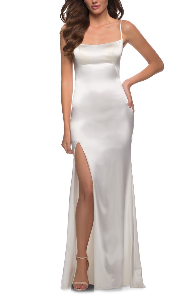 La Femme Side Slit Stretch Satin Gown, Alternate, color,