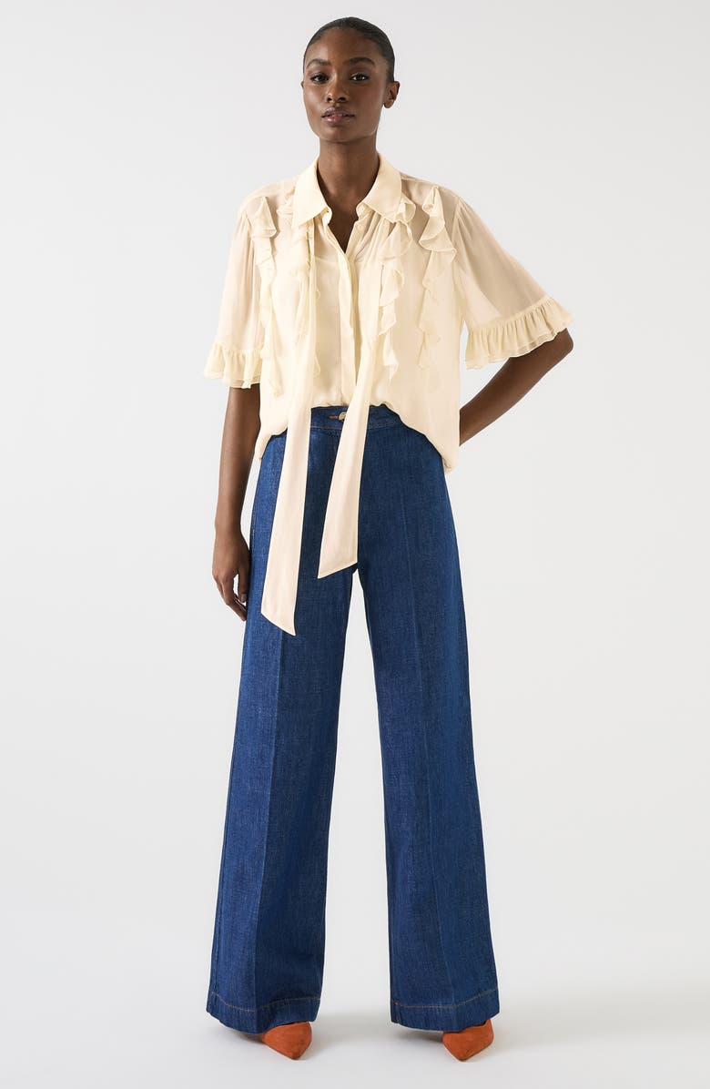 LK Bennett Corissa Ruffle Chiffon Button-Up Shirt, Alternate, color, Ivory