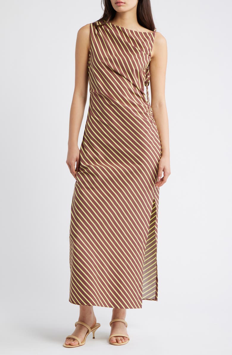 Topshop Gathered Shoulder Sleeveless Midi Dress, Main, color, Brown Multi