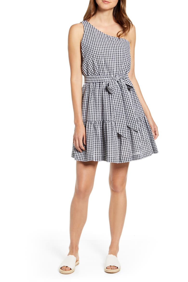 Gingham One-Shoulder Minidress, Main, color, JET BLACK