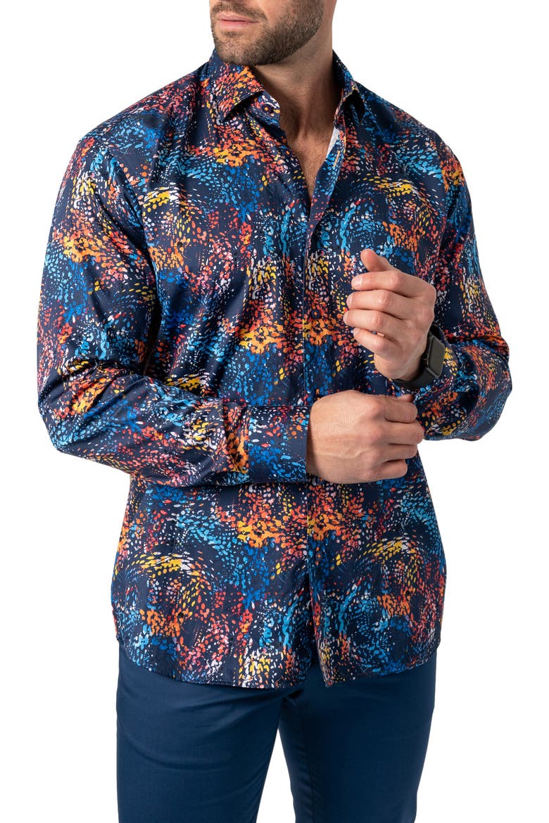 Fibonacci Paintsplash Regular Fit Print Button-Up Shirt, Alternate, color, BLUE