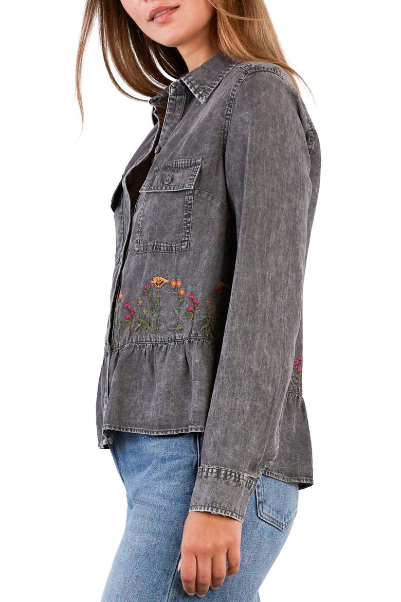 Life is a Flower Embroidered Button-Up Shirt, Alternate, color, GREY WASH