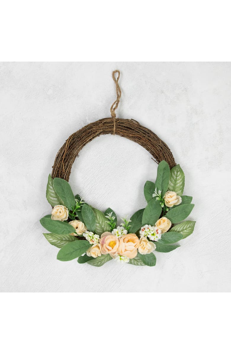 Northlight 14" Mini Peach Rose Half Floral Spring Wreath, Alternate, color, Green