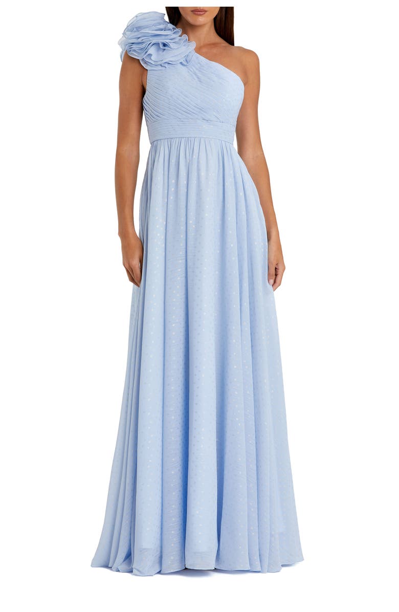 Mac Duggal Women's One Shoulder Polka Dot Chiffon Gown With Ruffle Detail, Main, color, Powder Blue