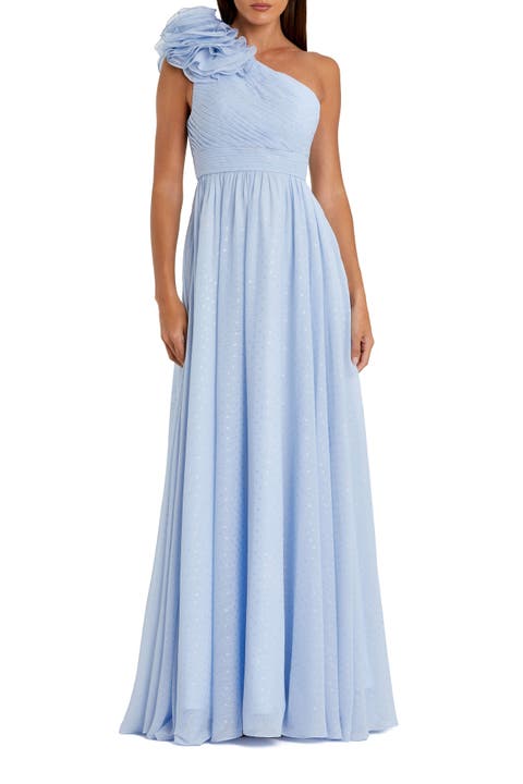 Women's One Shoulder Polka Dot Chiffon Gown With Ruffle Detail