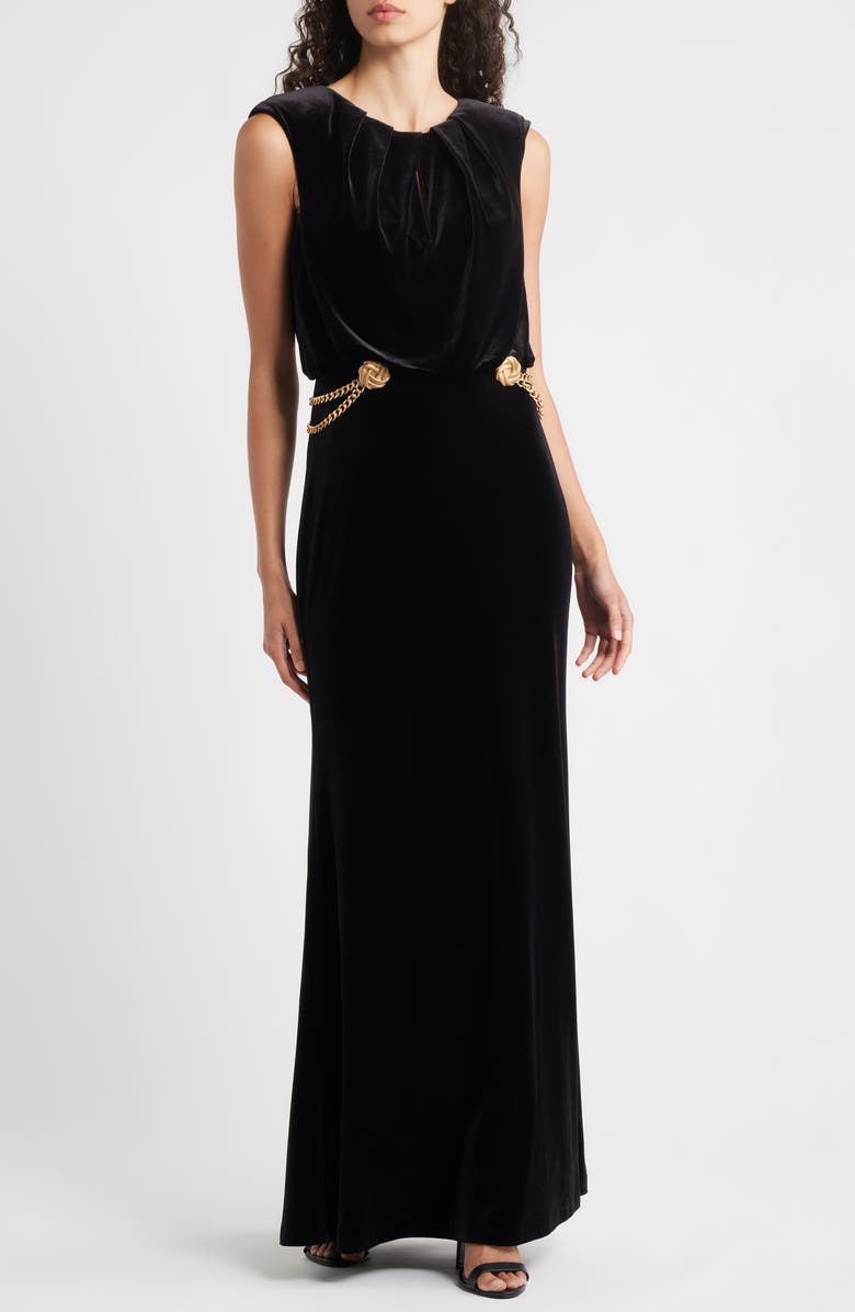 Vince Camuto Chain Detail Draped Velvet Gown, Main, color, Black