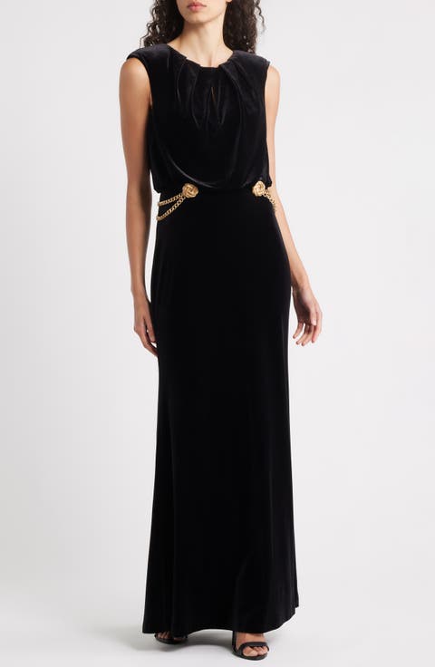 Chain Detail Draped Velvet Gown