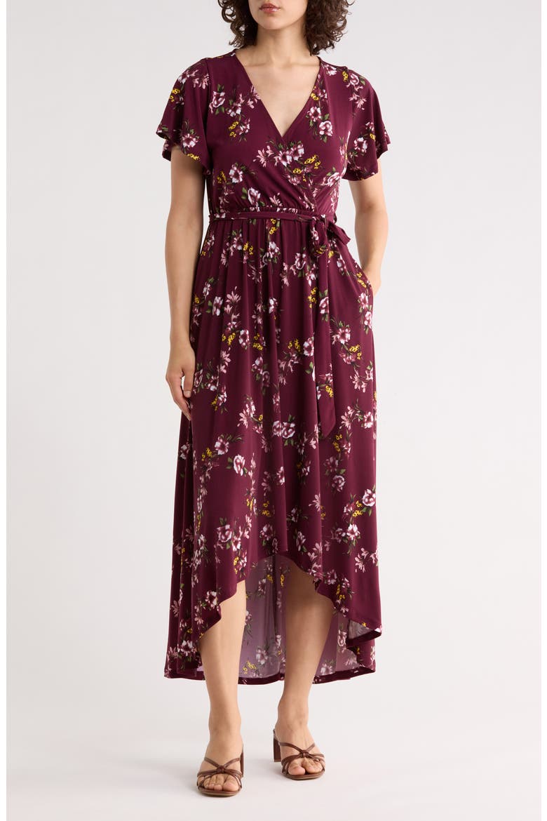Flutter Sleeve High-Low Dress, Main, color, BURGUNDY FLORAL