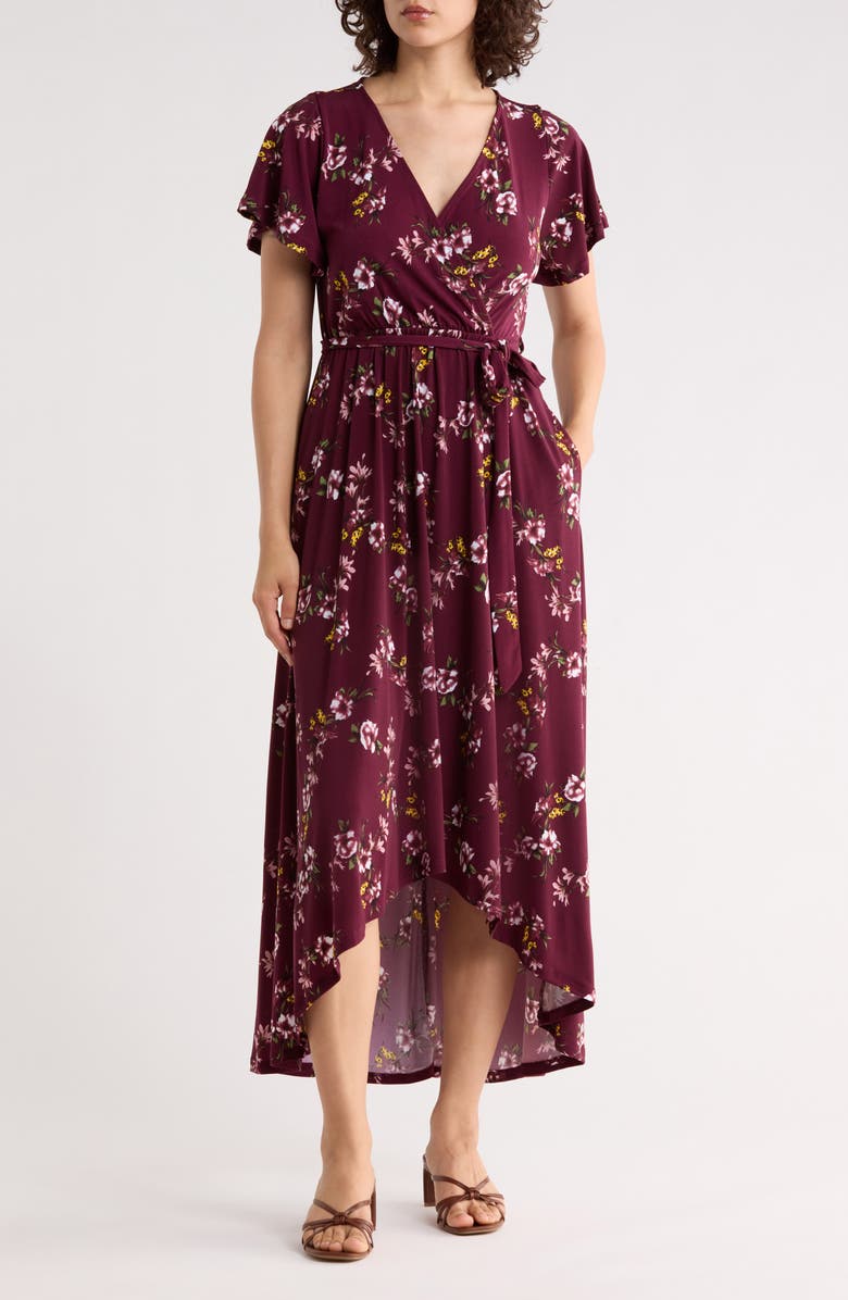 WEST K Flutter Sleeve High-Low Dress, Main, color, Burgundy Floral