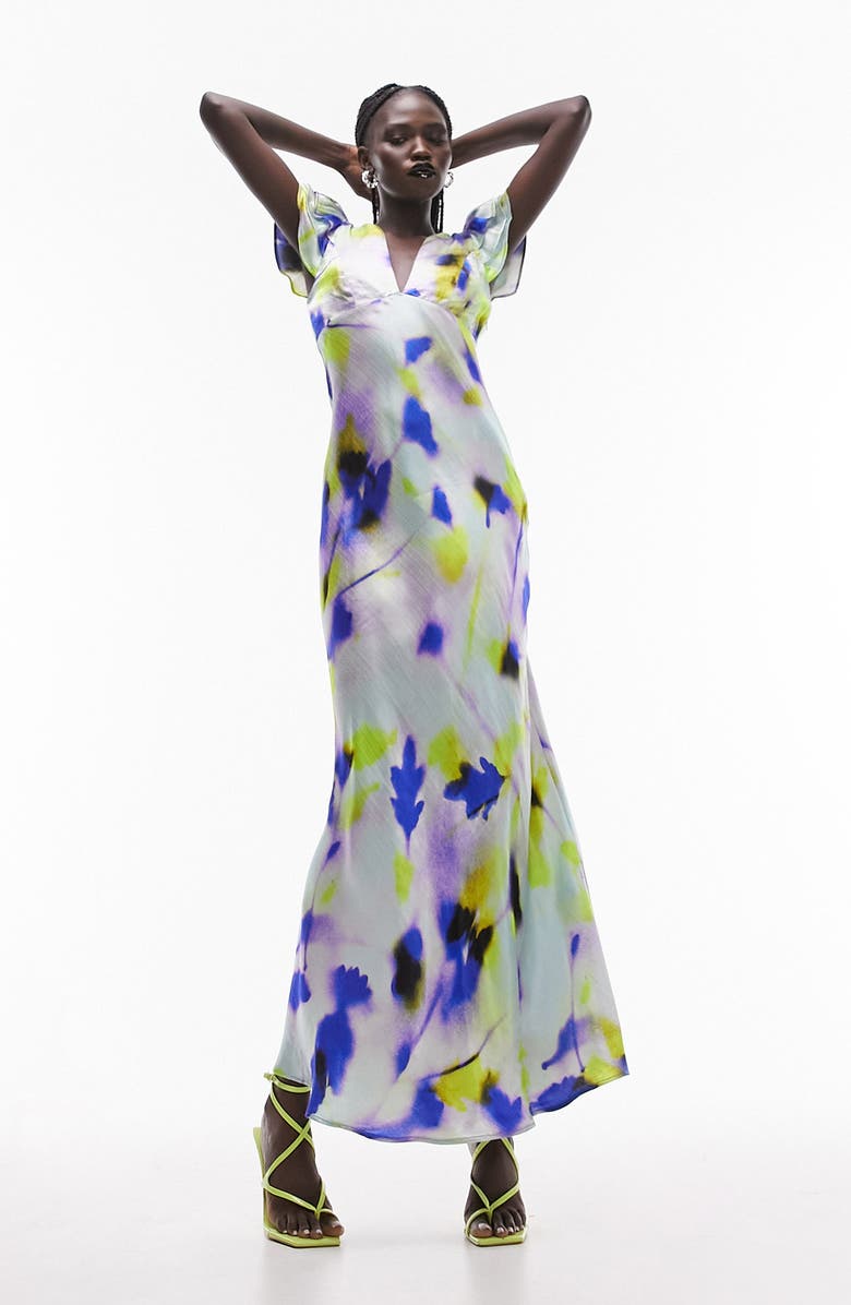 Topshop Print Ruffle Sleeve Maxi Dress, Main, color, 