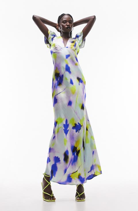 Print Ruffle Sleeve Maxi Dress