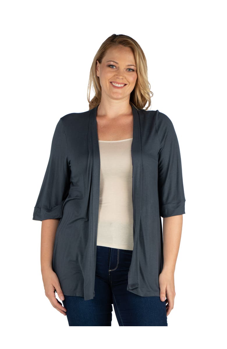24seven Comfort Apparel Elbow Length Sleeve Open Front Cardigan, Main, color, Charcoal