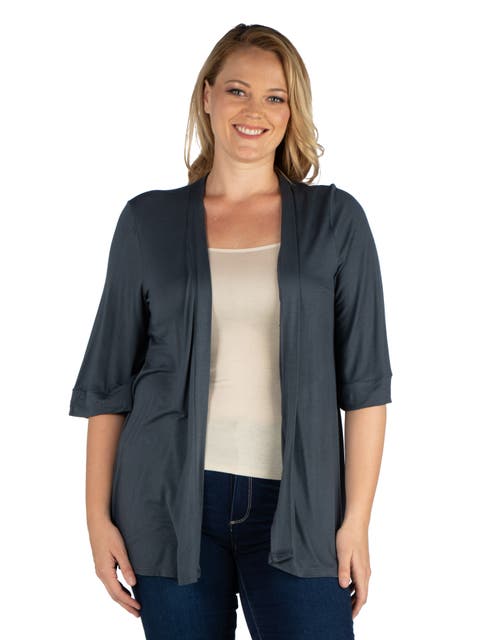 Elbow Length Sleeve Open Front Cardigan
