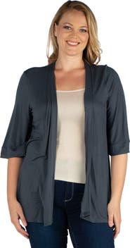 24seven Comfort Apparel Plus Size Elbow Length Sleeve Open Front Cardigan