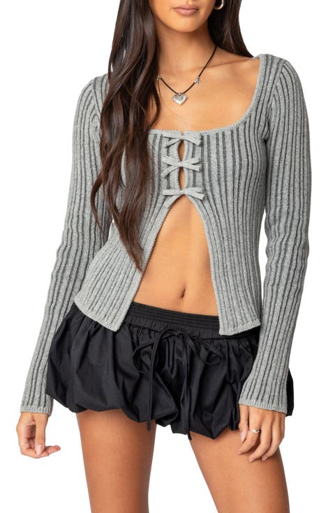 Bow Cutout Cotton Rib Sweater