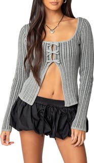 EDIKTED Bow Cutout Cotton Rib Sweater