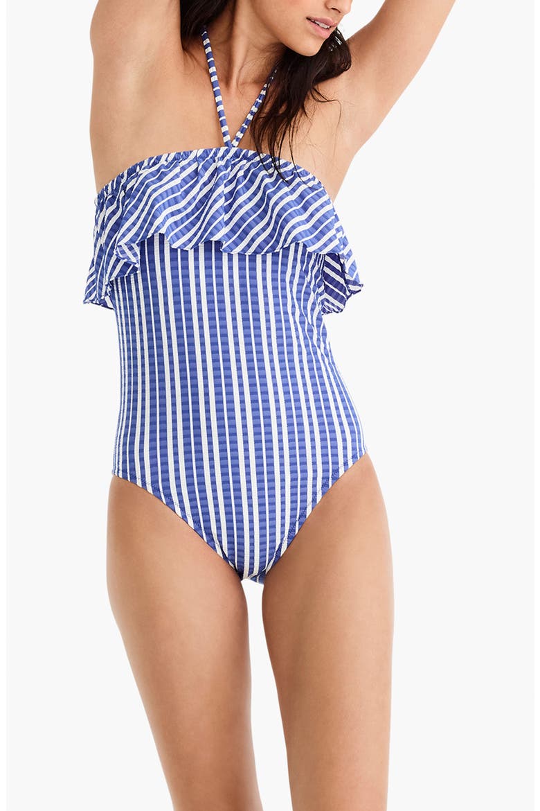 Puckered Stripe Ruffle One-Piece Swimsuit, Alternate, color, COBALT SEA IVORY