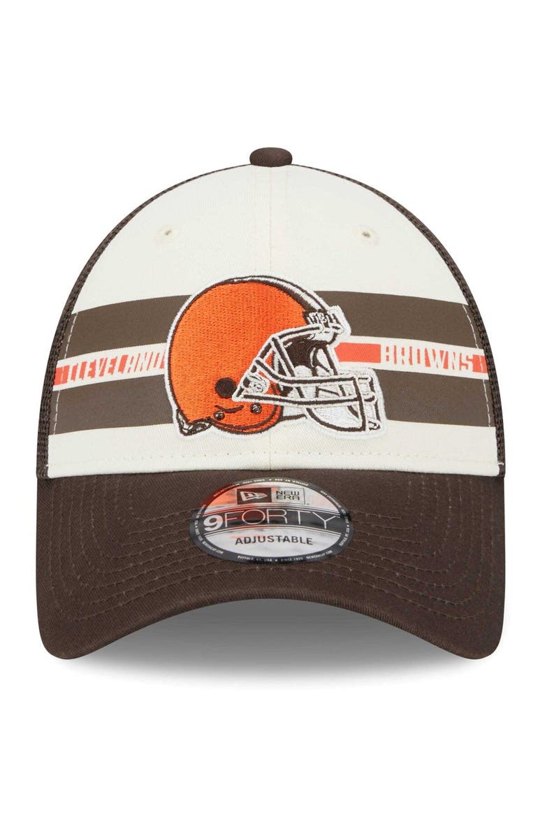 New Era Men's New Era Cream/Brown Cleveland Browns Team Stripe Trucker 9FORTY Snapback Hat, Alternate, color,