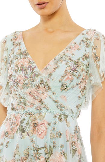 【Mac Duggal】フラッタースリーブ フローラル エンブロイダード Mac Duggal Embellished Floral Gown with Mesh Flutter Sleeves