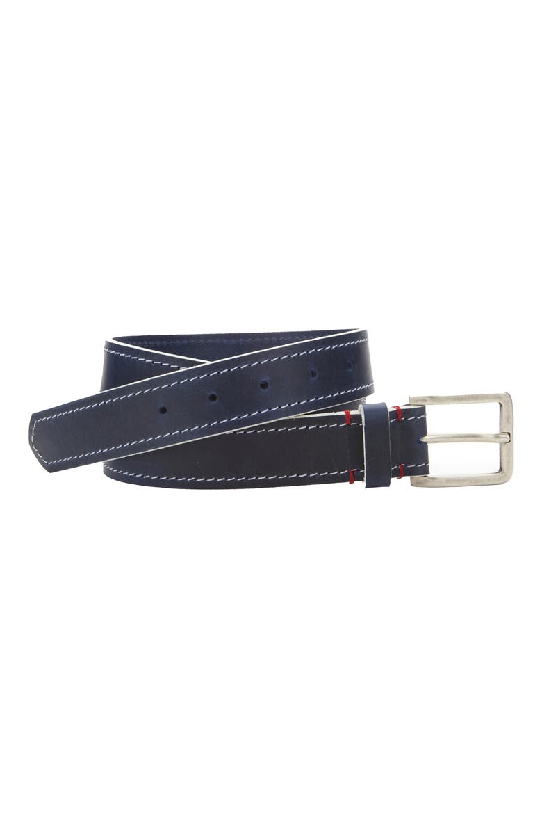 White Edge Waxed Leather Belt, Main, color, NAVY