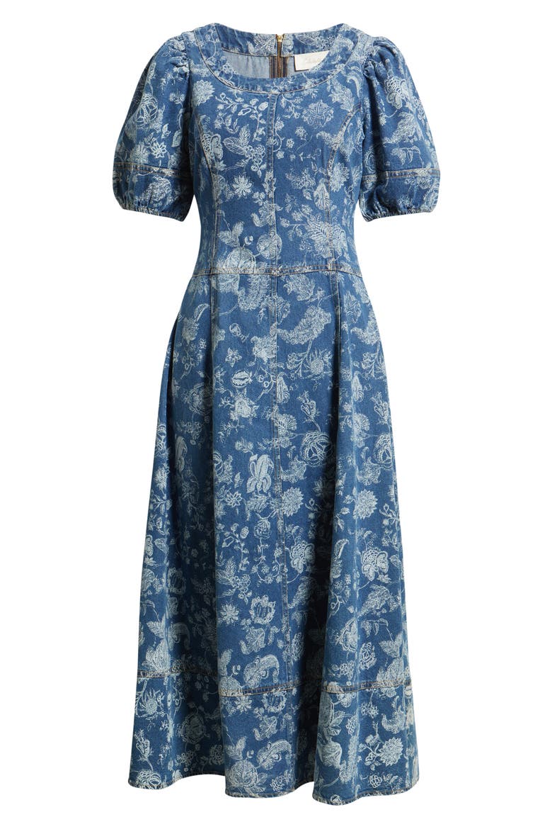 Charlie Floral Printed Denim Midi Dress, Alternate, color, BOIS LASER PRINT DARK WASH