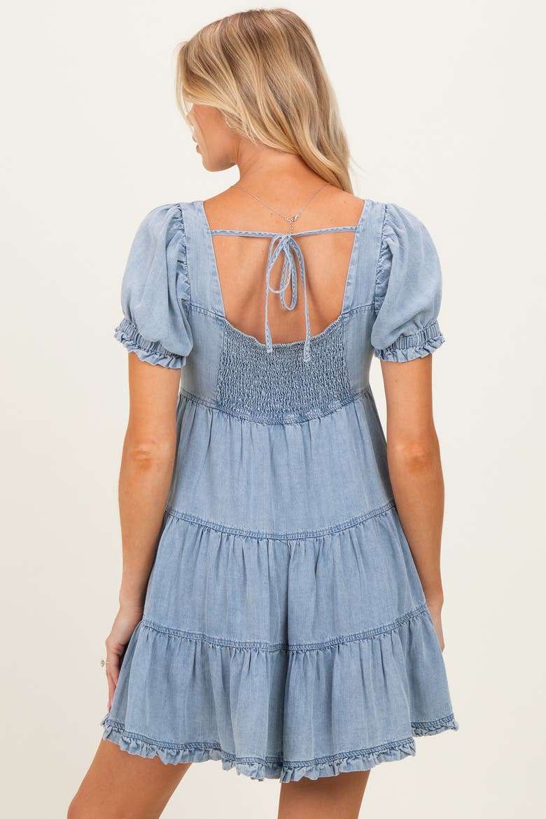 Blue Denim Washed Chambray Tiered Babydoll Mini Dress, Alternate, color, Light Blue