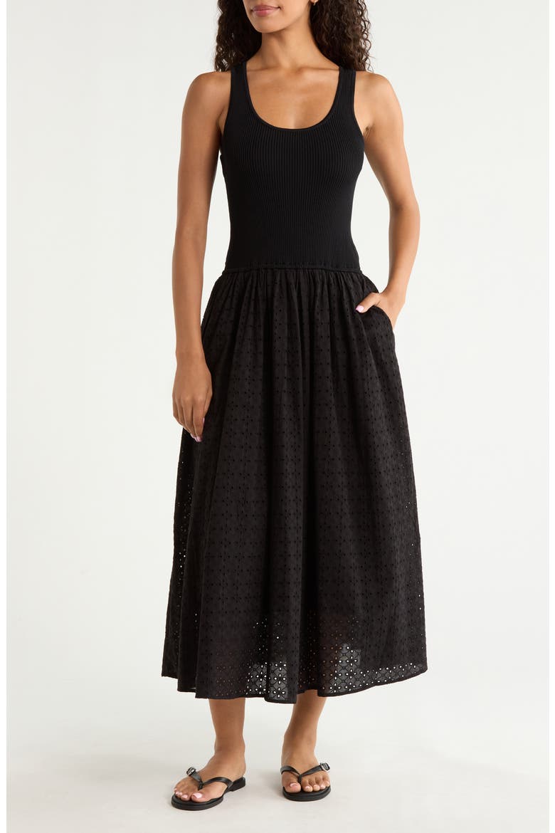 Mixed Media Eyelet Maxi Cover-Up Dress, Main, color, BLACK
