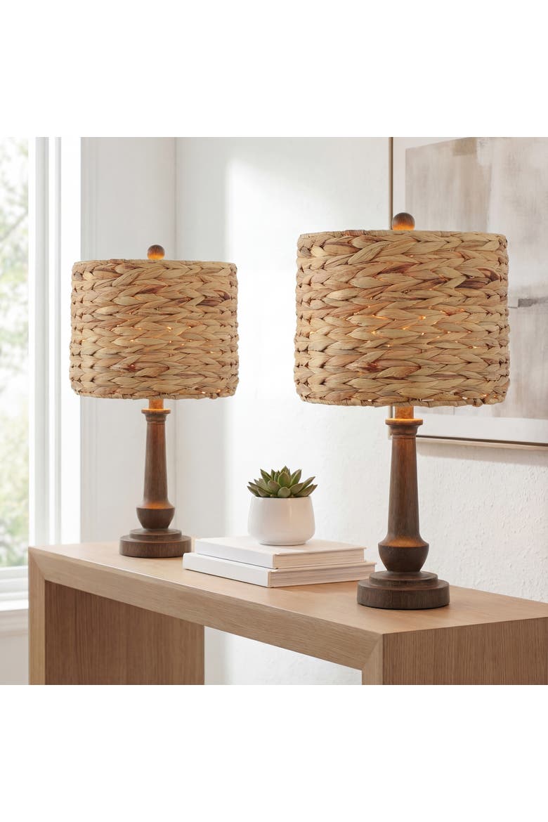 Leona 21.25" Rustic Farmhouse Handwoven Water Hyacinth/Resin LED Table Lamp, Brown Wood Finish, Main, color, Brown Wood Finish