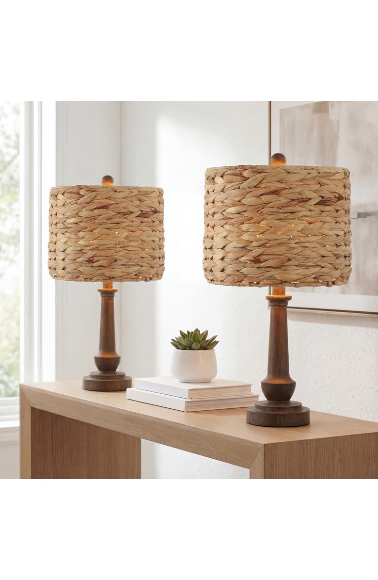 JONATHAN Y Leona 21.25" Rustic Farmhouse Handwoven Water Hyacinth/Resin LED Table Lamp, Brown Wood Finish, Main, color, Brown Wood Finish