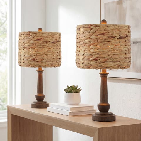 Leona 21.25" Rustic Farmhouse Handwoven Water Hyacinth/Resin LED Table Lamp, Brown Wood Finish (Set of 2)