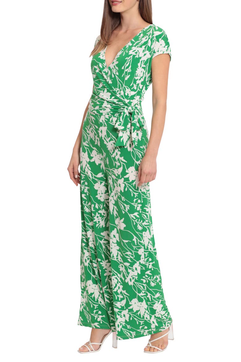 Floral Cap Sleeve Wrap Tie Jumpsuit, Alternate, color, GRN/IVORY