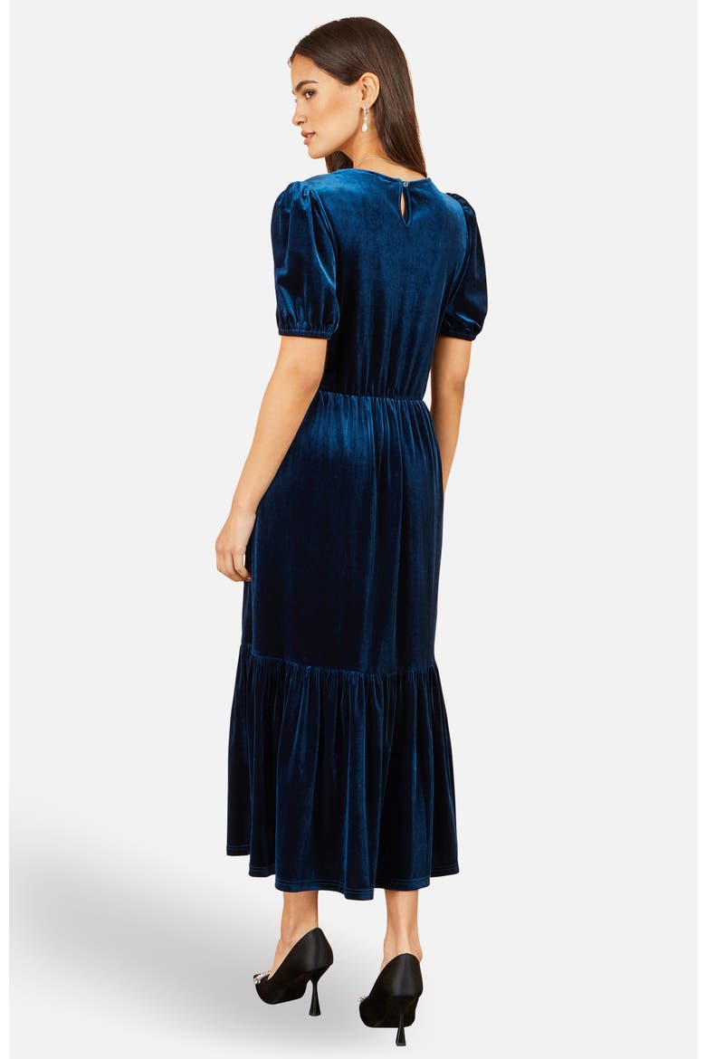Puff Sleeve V-Neck Velvet Midi Dress, Alternate, color, Teal