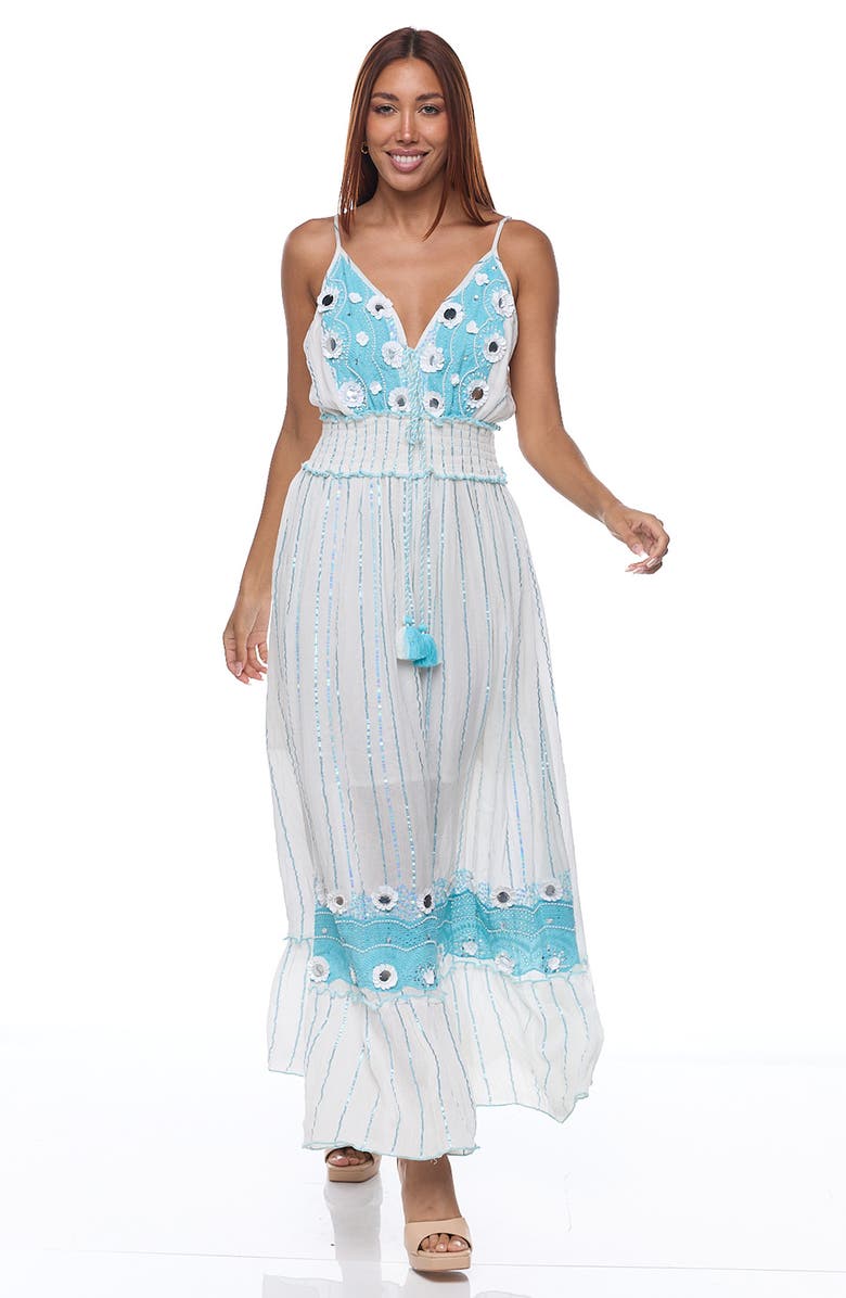 RANEES Embellished Cotton Cover-Up Maxi Dress, Alternate, color, White/ Blue
