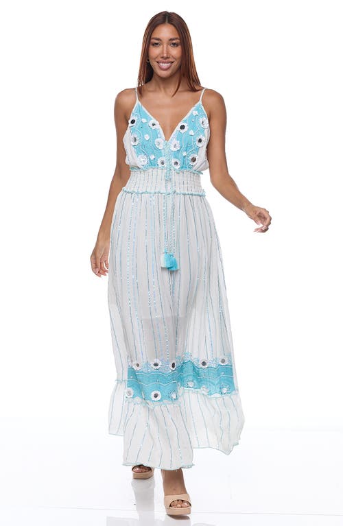Ranee's Ranees Embellished Cotton Cover-up Maxi Dress In White/blue