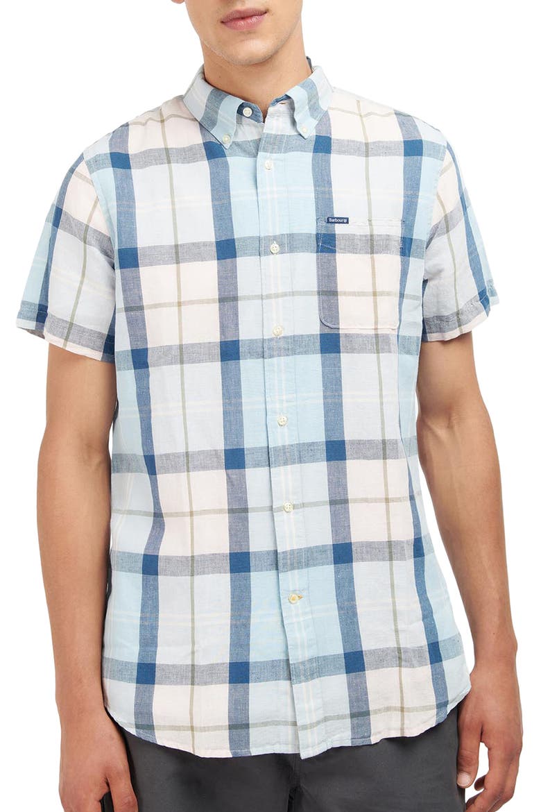 Angus Tailored Fit Plaid Short Sleeve Button-Down Shirt, Main, color, PINK SALT TARTAN
