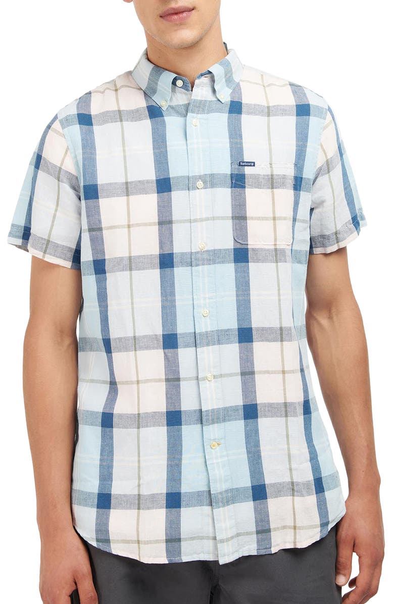 Barbour Angus Tailored Fit Plaid Short Sleeve Button-Down Shirt, Main, color, Pink Tartan