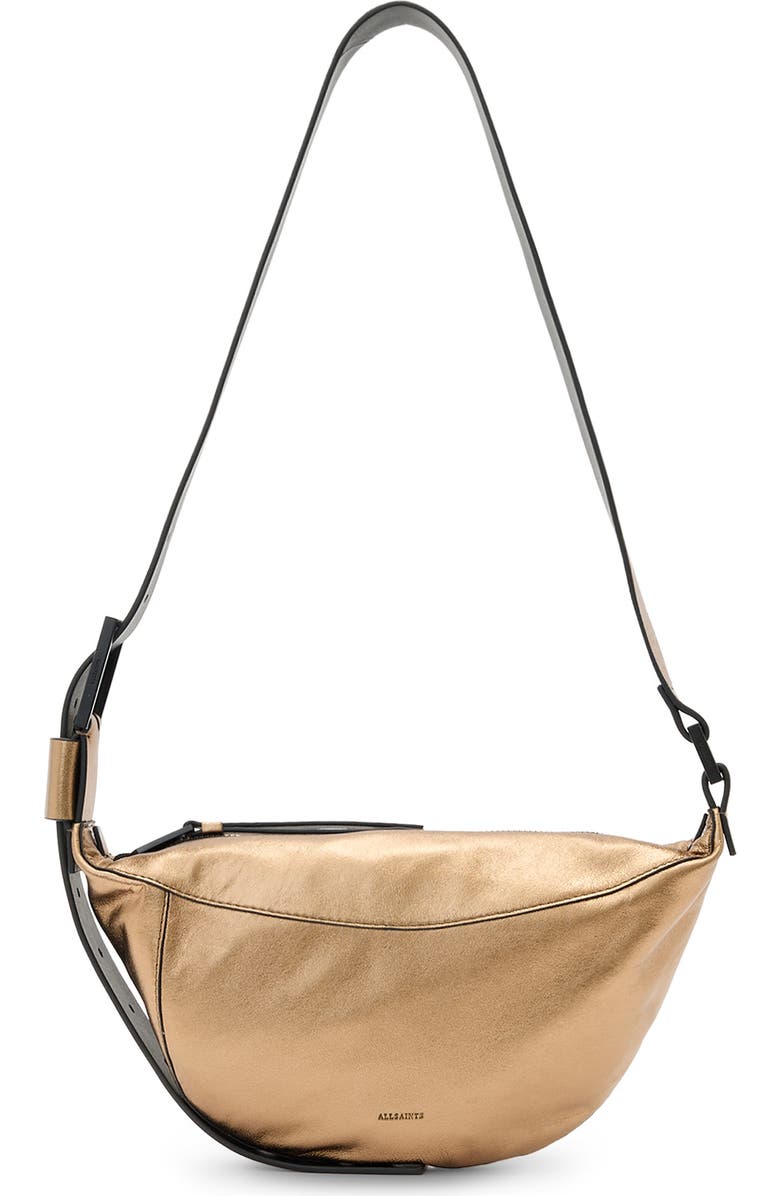 AllSaints Luna Metallic Leather Crossbody Bag, Main, color, Warm Brass