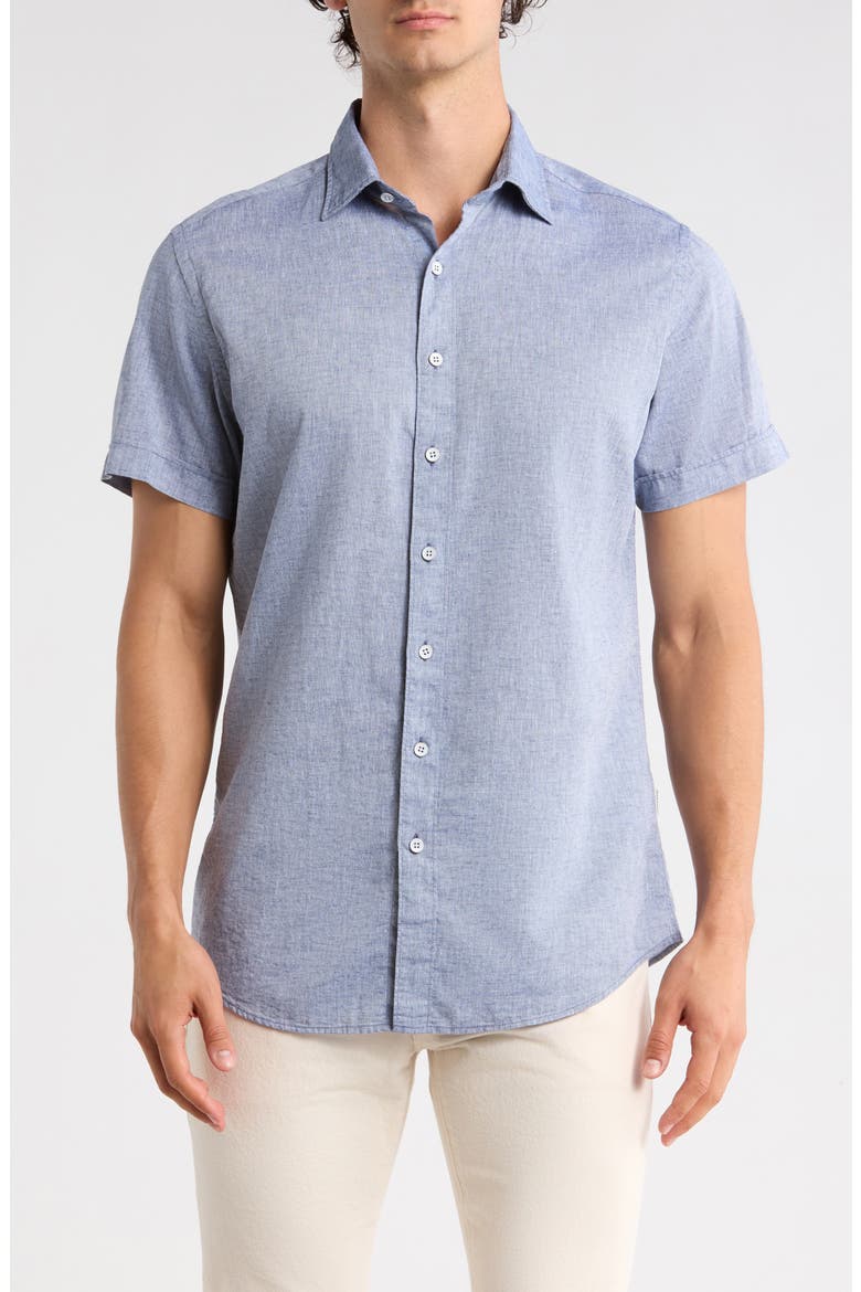 Baywater Short Sleeve Linen & Cotton Button-Up Shirt, Main, color, NAVY