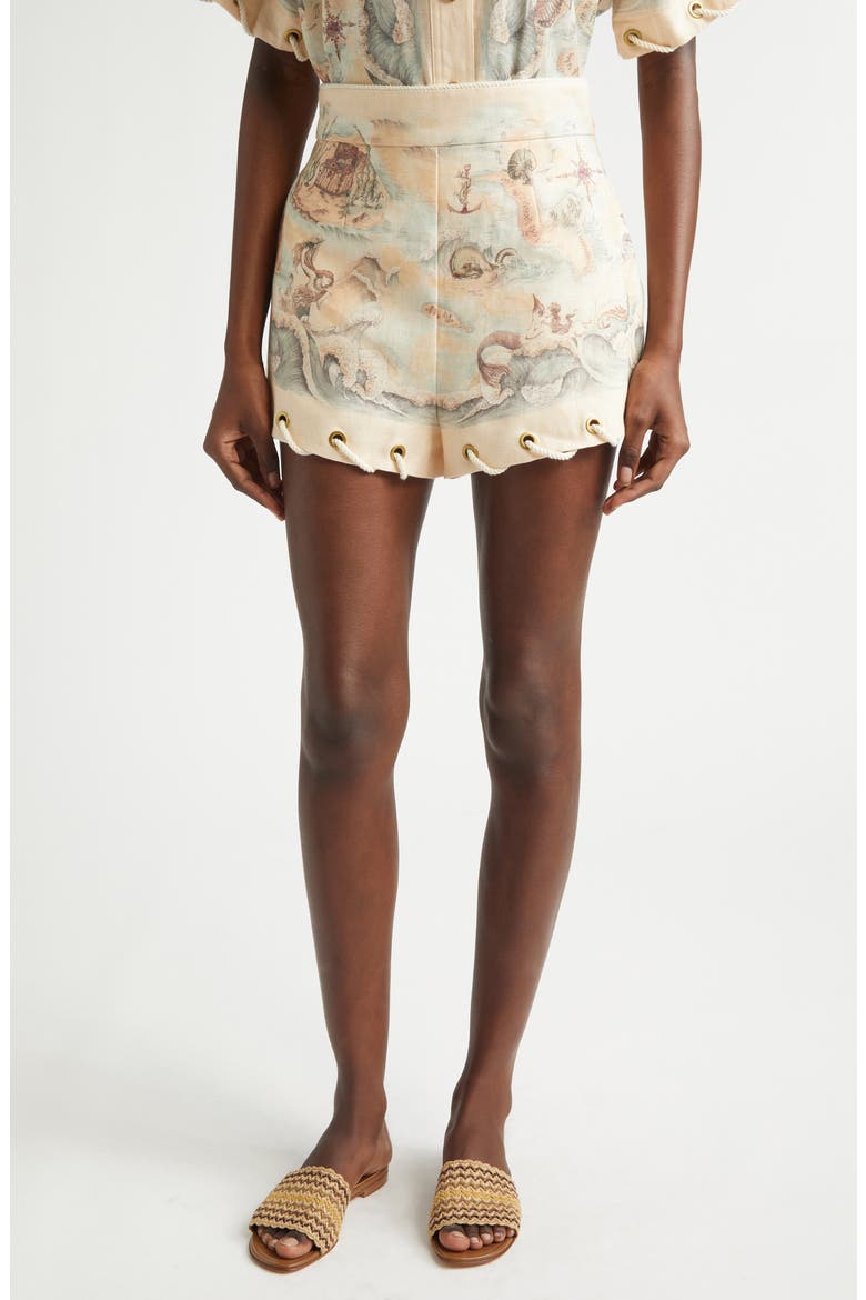 Rebellion Rope Trim Linen Shorts, Main, color, TREASURE MAP
