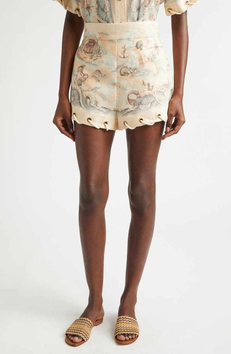 Zimmermann Rebellion Rope Trim Linen Shorts, Main, color, Treasure Map