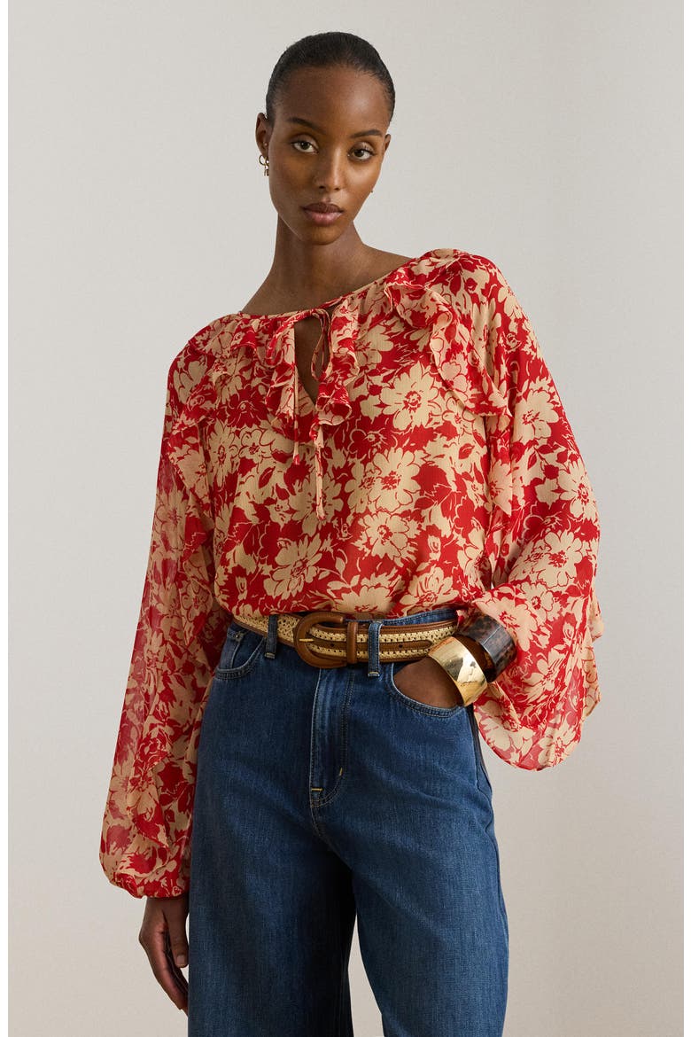 Floral Ruffle Detail Crinkle Top, Alternate, color, RED/ TAN